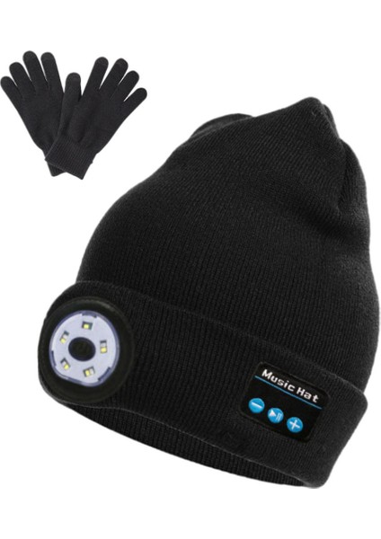 Strade Store Bluetooth LED Beanie Şapka Şarj Edilebilir El-Serbest Far Mic Hoparlör Şapkalar Siyah Eldivenli  (Yurt Dışından)