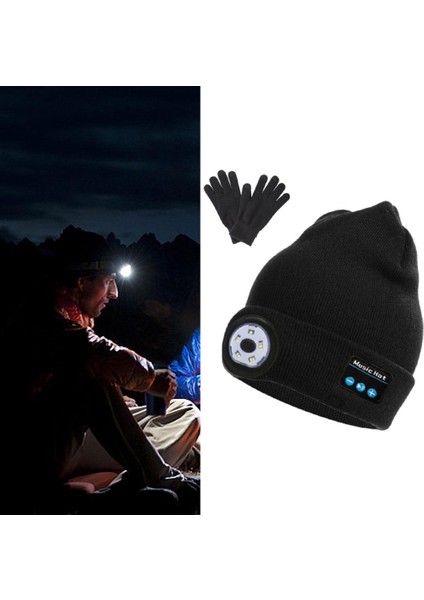 Strade Store Bluetooth LED Beanie Şapka Şarj Edilebilir El-Serbest Far Mic Hoparlör Şapkalar Siyah Eldivenli  (Yurt Dışından)