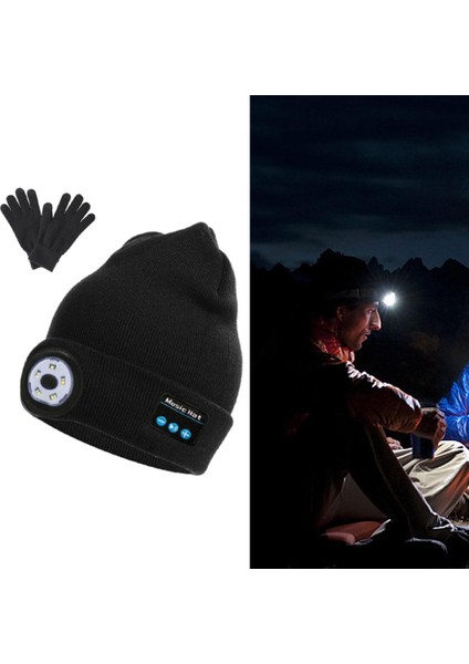 Strade Store Bluetooth LED Beanie Şapka Şarj Edilebilir El-Serbest Far Mic Hoparlör Şapkalar Siyah Eldivenli  (Yurt Dışından)