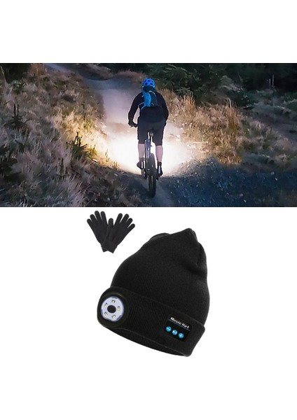 Strade Store Bluetooth LED Beanie Şapka Şarj Edilebilir El-Serbest Far Mic Hoparlör Şapkalar Siyah Eldivenli  (Yurt Dışından)