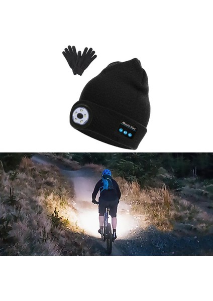 Strade Store Bluetooth LED Beanie Şapka Şarj Edilebilir El-Serbest Far Mic Hoparlör Şapkalar Siyah Eldivenli  (Yurt Dışından)