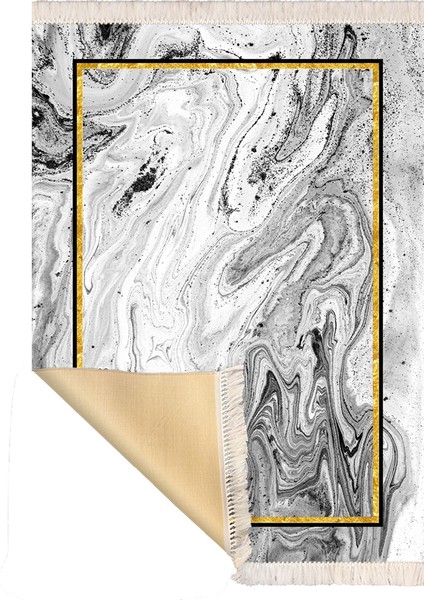 Bazaarforum Dekoratif Saçaklı Mermer Desen Yeni Model Pvc Deri Kaymaz Taban Dijital Baskı Halı 80X200CM CK-574