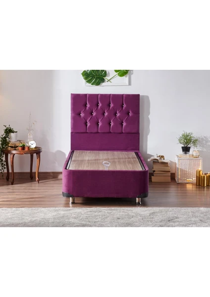 Niron Violet Baza ve Başlık Seti - 80X180 cm Tek Kişilik Sandıklı Mor Kumaş Baza ve Başlığı