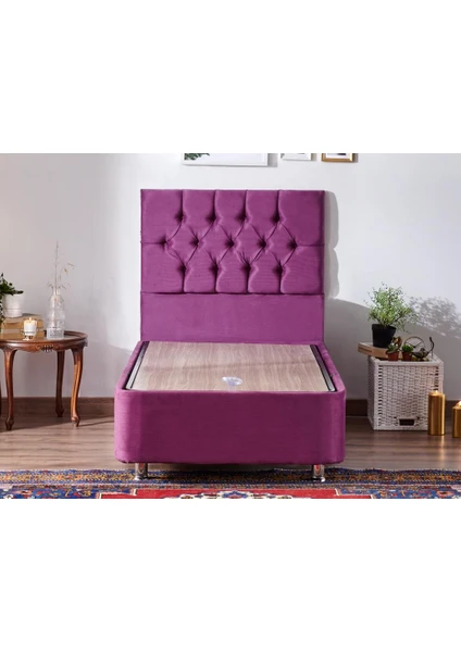 Niron Purple Baza ve Başlık Seti 80x180 cm Tek Kişilik Sandıklı Mor Kumaş Metal Profil Baza ve Başlığı