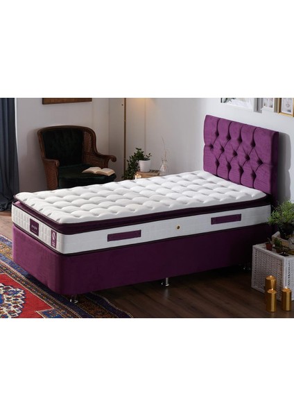 Niron Purple Yatak Seti 80x180 cm Tek Kişilik Yatak Baza Başlık Takımı - Orta Sert Kuş Tüyü Yatak Mor Baza ve Başlığı