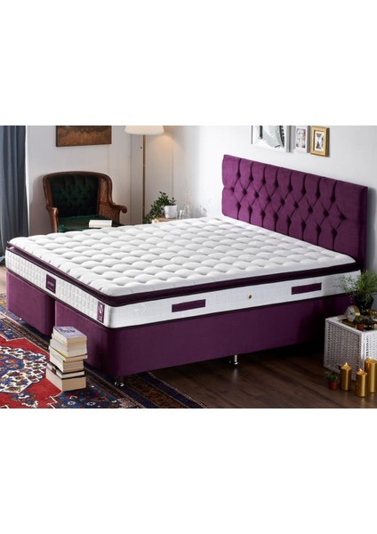 Niron Purple Yatak Seti 140x190 cm Çift Kişilik Yatak Baza Başlık Takımı - Orta Sert Kuş Tüyü Yatak Mor Baza ve Başlığı