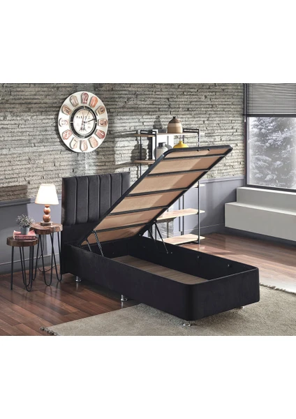 Niron Piano Lite Baza ve Başlık Seti 90x200 cm Tek Kişilik Siyah Metal Profil Baza ve Başlığı Silinebilir Soho Kumaş