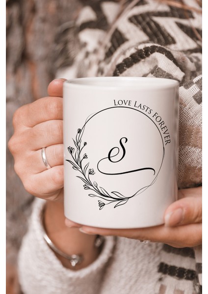 Vektörel Çizim Love Lasts Forever S Harf Yazılı Logo Baskılı Kupa Bardak