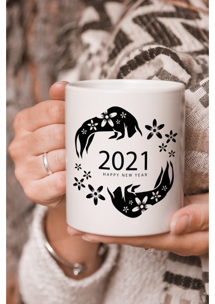 Vektörel Çizim Siyah Renk 2021 New Year Yazılı Logo Baskılı Kupa Bardak