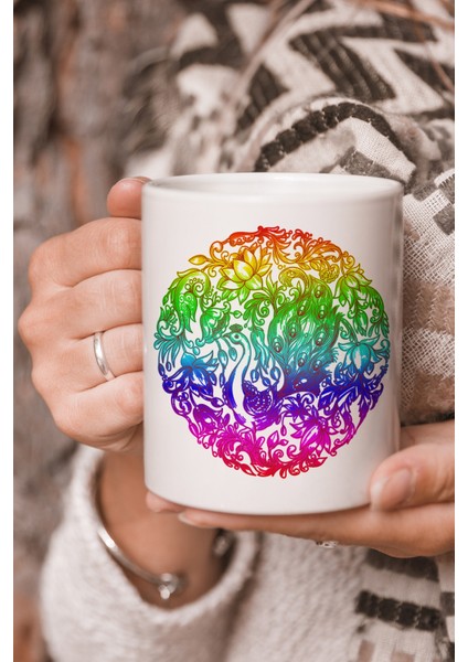Vektörel Çizim Tavuskuşu Desenli Rainbow Renkli Logo Baskılı Kupa Bardak