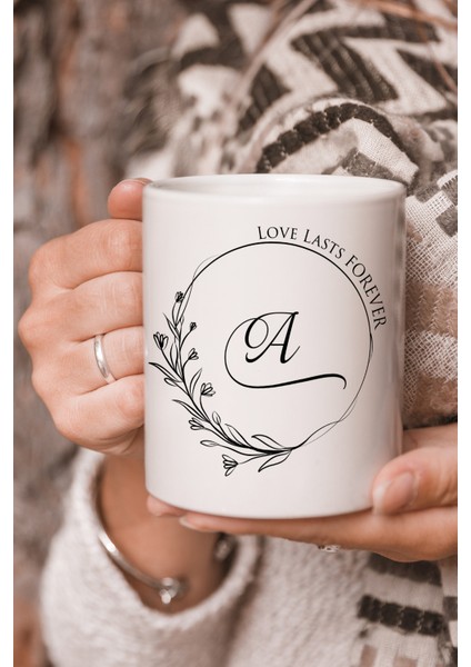 Vektörel Çizim Love Lasts Forever A Harf Yazılı Logo Baskılı Kupa Bardak