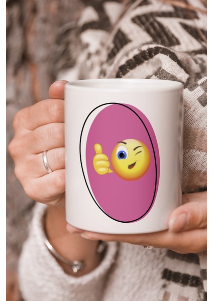 Vektörel Çizim Koyu Pembe Desenli Emoji Logo Baskılı Kupa Bardak
