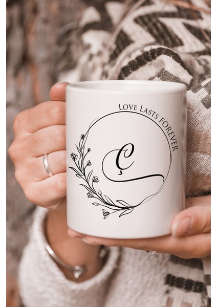 Vektörel Çizim Love Lasts Forever Ç Harf Yazılı Logo Baskılı Kupa Bardak