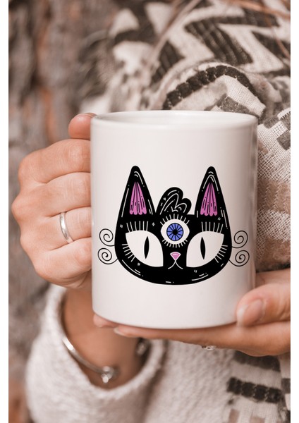 Vektörel Çizim Kedi Logo Baskılı Kupa Bardak