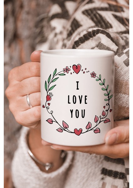 Vektörel Çizim I Love You Yazılı Logo Baskılı Kupa Bardak