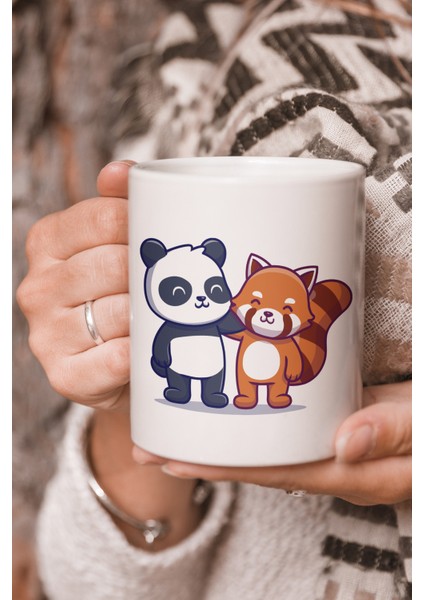 Panda ve Tilki Vektörel Çizim Baskılı Kupa Bardak