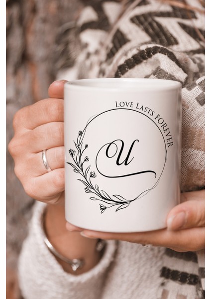 Vektörel Çizim Love Lasts Forever U Harf Yazılı Logo Baskılı Kupa Bardak