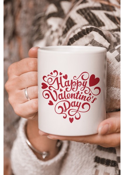 Vektörel Çizim Happy Valentines Day Yazılı Logo Baskılı Kupa Bardak