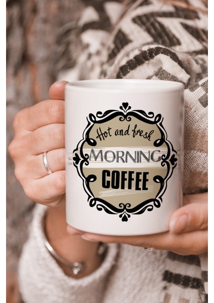 Hot And Fresh Morning Coffee Sabah Kahvesi Vektörel Çizim Baskılı Kupa Bardak