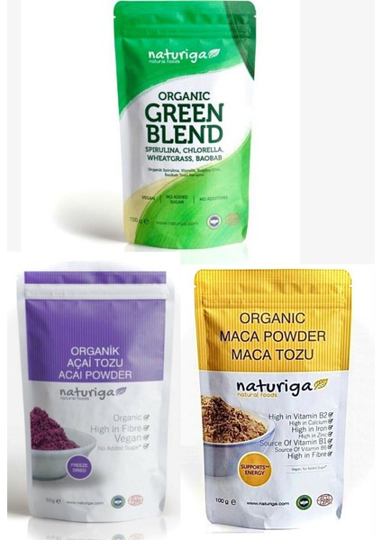Acai Tozu 50 gr, Maca Tozu 100 gr Yeşil Karışım 100 gr 3'lü Fırsat Paketi