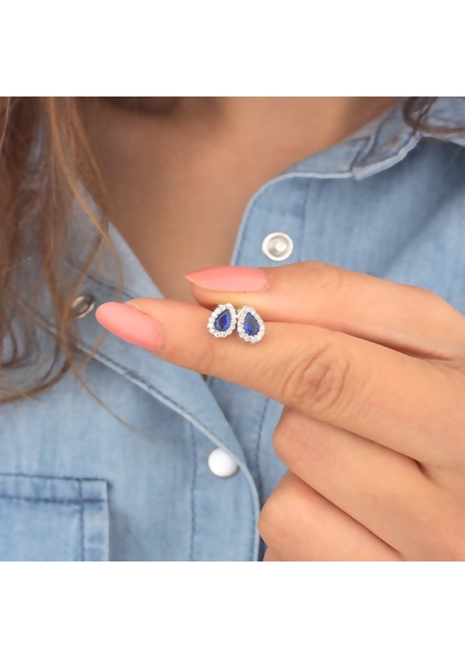 925 Ayar Gümüş Safir Taşlı Damla Küpe fiyatları