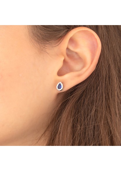 925 Ayar Gümüş Safir Taşlı Damla Küpe modelleri
