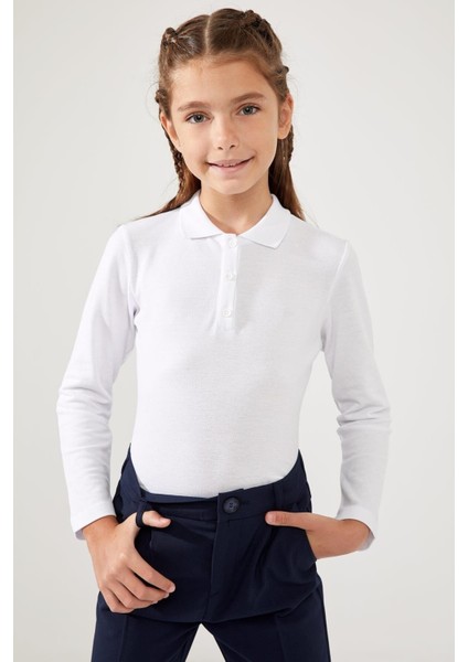 Kız Çocuk Beyaz Uzun Kol Okul Lakos Polo Yaka Tişört