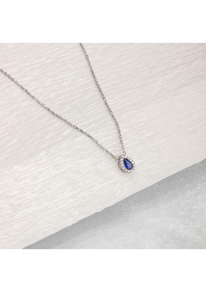 925 Ayar Gümüş Safir Taşlı Damla Kolye