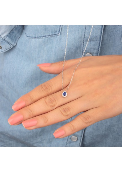 925 Ayar Gümüş Safir Taşlı Damla Kolye fiyatları