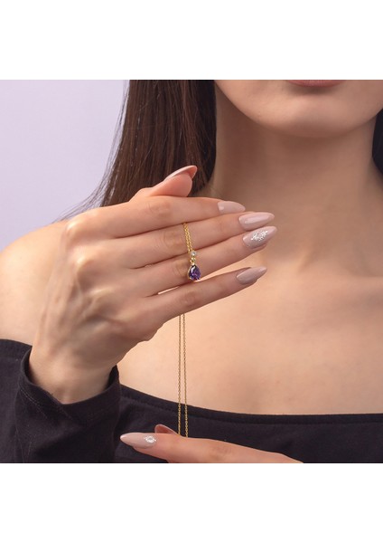 925 Ayar Gümüş Ametist Taşlı Damla Kolye fiyatları