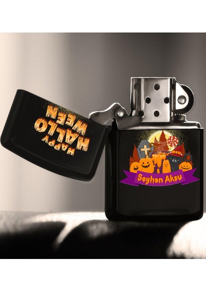 Kişiye Özel Happy Halloween Tasarımlı Renkli Baskılı Siyah Benzinli Metal Çakmak-18 fiyatları