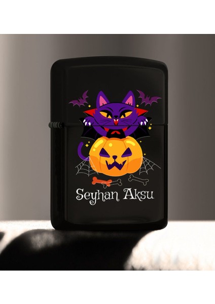 Kişiye Özel Happy Halloween Tasarımlı Renkli Baskılı Siyah Benzinli Metal Çakmak-13