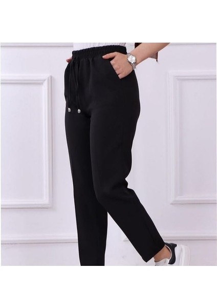 Kadın Siyah Dar Paça Cep Detaylı Dabıl Kumaş Pantalon