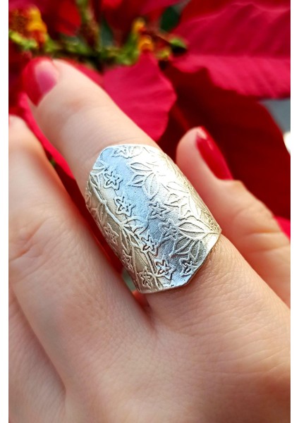 Antik Gümüş Kaplama Yaprak Motif Şekilli El Yapımı Ayarlanabilir Yüzük