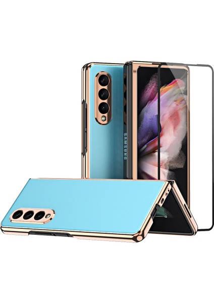 Samsung Galaxy Z Fold 3 5G İçin Kaplama Mat Metal Doku Ekran Koruyucu ile Tam Vücut Koruma Kılıfı Kapak Mavi (Yurt Dışından)