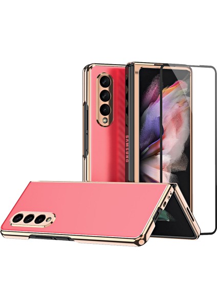 Samsung Galaxy Z Fold 3 5G İçin Kaplama Mat Metal Doku Ekran Koruyucu ile Tam Vücut Koruma Kılıfı Kapak Kırmızı (Yurt Dışından)