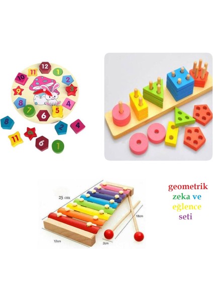 Ahşap Eğitici Oyuncak Seti 3 In 1 Geometrik Saat + 8 Notalı Selefon + Geometrik Şekiller