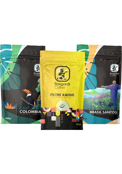 Yöresel Filtre Kahve Seti 3*200 Gr (Brazilian Santos&Colombia&Klasik Filtre)
