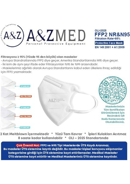 A&Z Med Ffp2 N95 Çocuk Maskesi Telli ve Tek Tek Paketli 40 Adetlik 1 Kutu - Beyaz