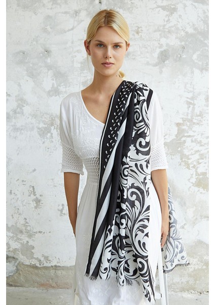 Barok Desen Siyah Beyaz Pamuk Şal Dört Mevsim Kullanıma Uygun Şık Tasarım