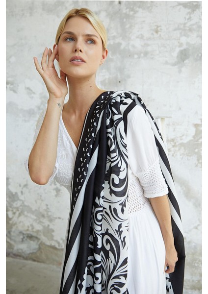Barok Desen Siyah Beyaz Pamuk Şal Dört Mevsim Kullanıma Uygun Şık Tasarım fiyatları