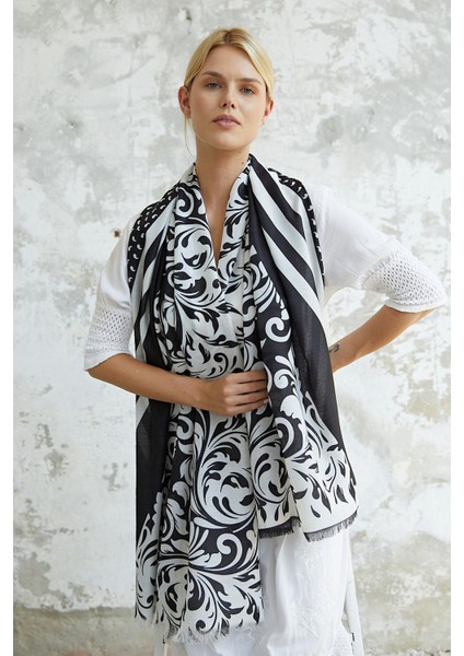 Barok Desen Siyah Beyaz Pamuk Şal Dört Mevsim Kullanıma Uygun Şık Tasarım modelleri