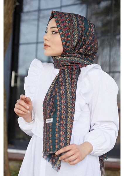 Etnik Desen Koyu Yeşil Pamuk Şal