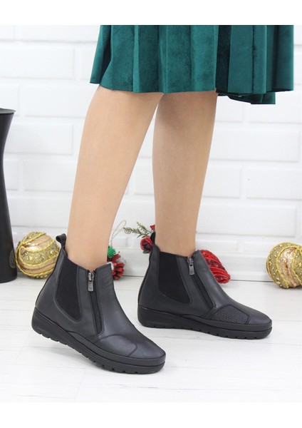 3205 Siyah Deri Çift Fermuarlı Anatomik Kadın Bot