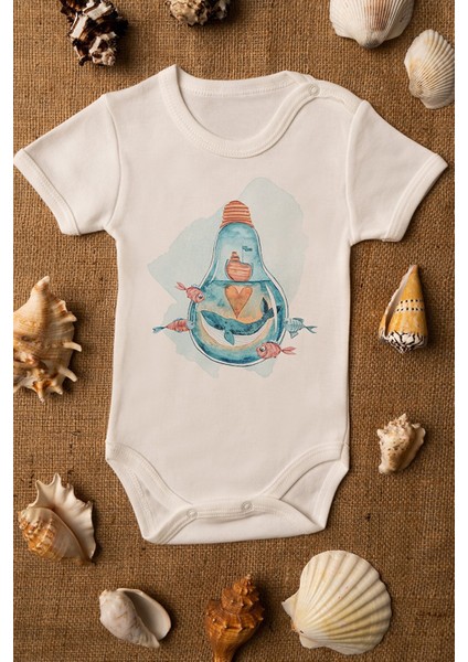 Ekru Bebek Balina Baskılı Çıtçıtlı Body 5026