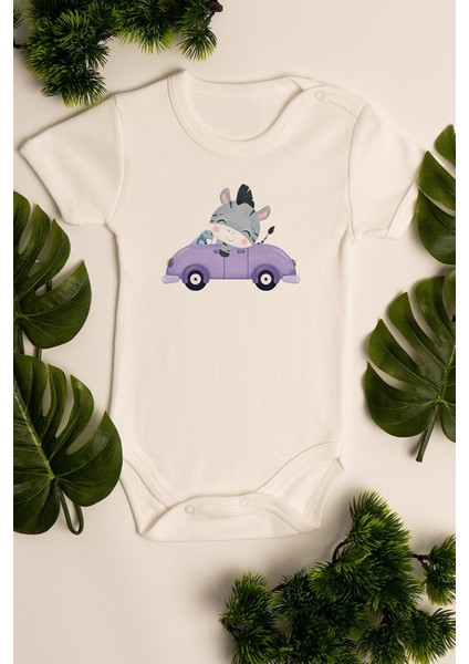 Erkek Bebek Arabalı Midilli Baskılı Ekru Çıtçıtlı Pamuklu Zıbın