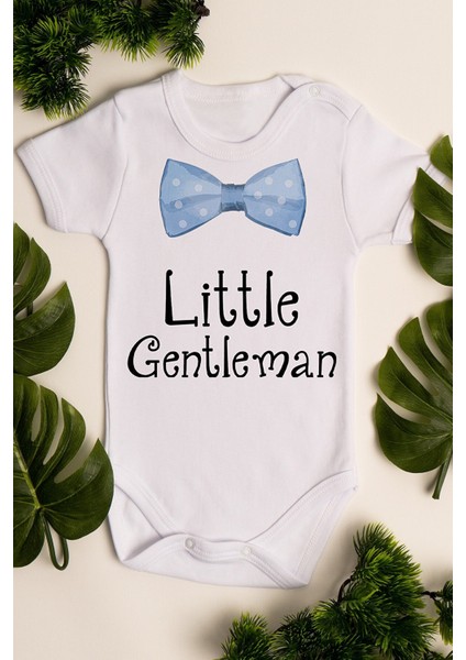 Erkek Beyaz Bebek Little Gentleman Baskılı Çıtçıtlı
