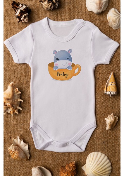 Bebek Baby Hipopotam Baskılı Beyaz
