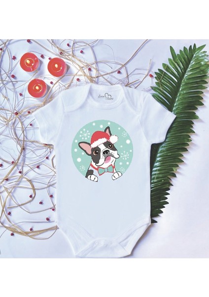 Unisex Bebek Baskılı Yılbaşı Köpek Pamuklu Çıtçıtlı Body Zıbın