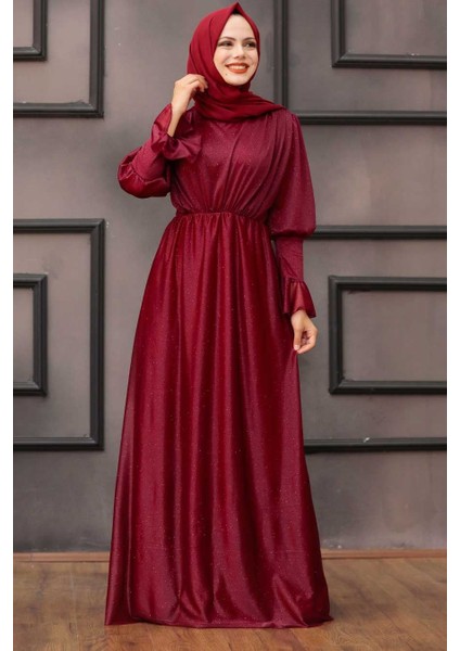 Tesettürlü Abiye Elbise - Simli Bordo Tesettür Abiye Elbise 5367BR